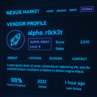 Photo of a vendor profile page on Nexus Market, with neon blue and purple accents