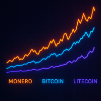 Graph showing Monero, Bitcoin, and Litecoin price trends with neon lines on a dark background