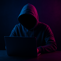 A person in a hoodie using a laptop in a dark room, face obscured, with neon blue and purple lighting, symbolizing anonymity and privacy