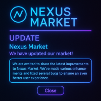 Screenshot of Nexus Market update announcement with neon highlights and modern UI