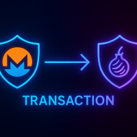 Illustration of a Monero (XMR) transaction, with shield icons and glowing privacy symbols, in a futuristic neon style