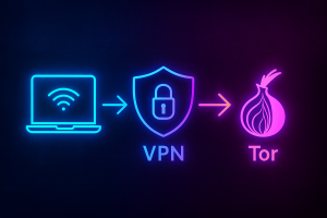 Diagram showing a VPN connection followed by Tor network, with arrows and glowing neon lines, representing layered privacy