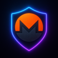 Monero (XMR) logo, a stylized orange and gray M with a privacy shield, glowing with neon blue and purple accents